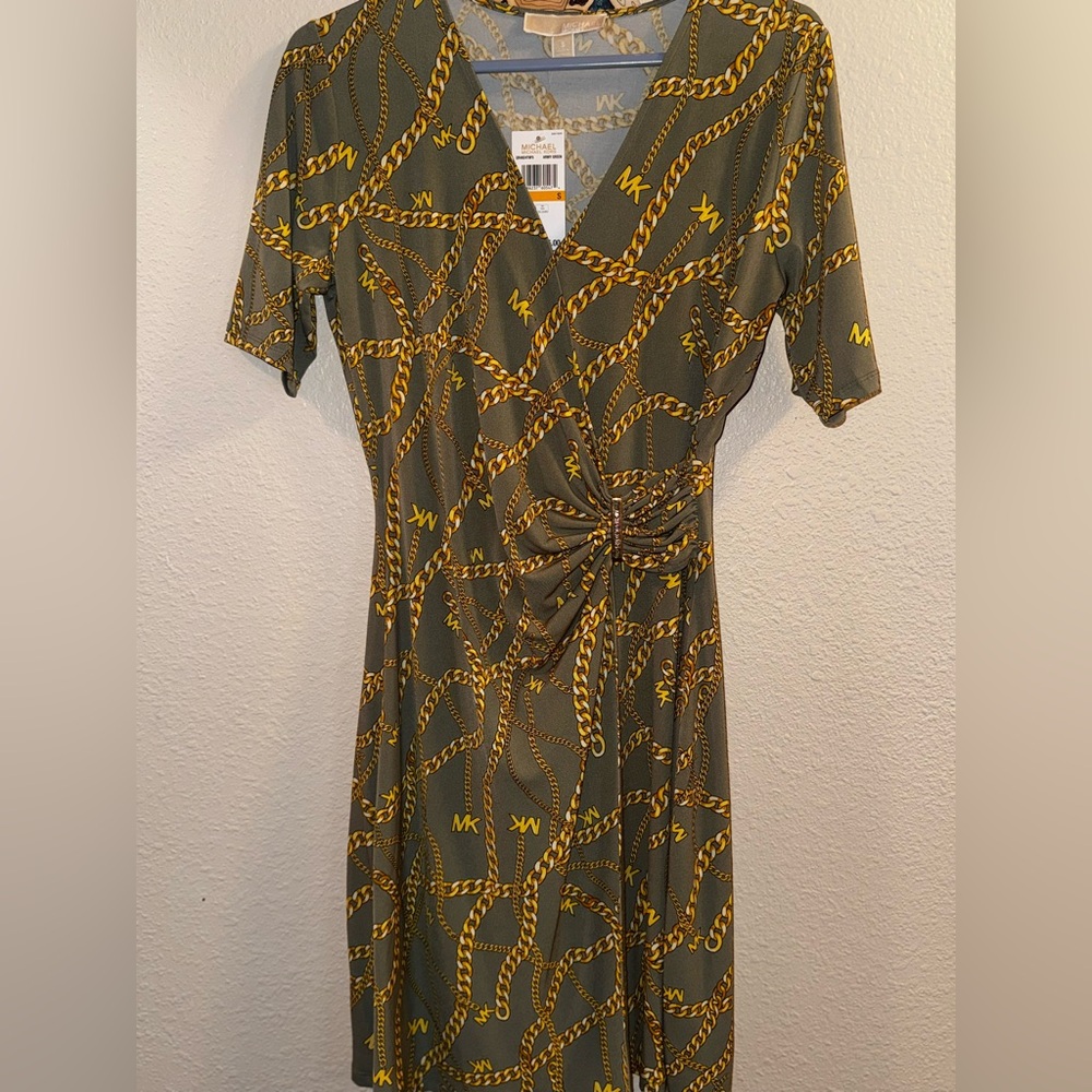 Michael Kors Olive and Gold Chain Pattern Midi Dress